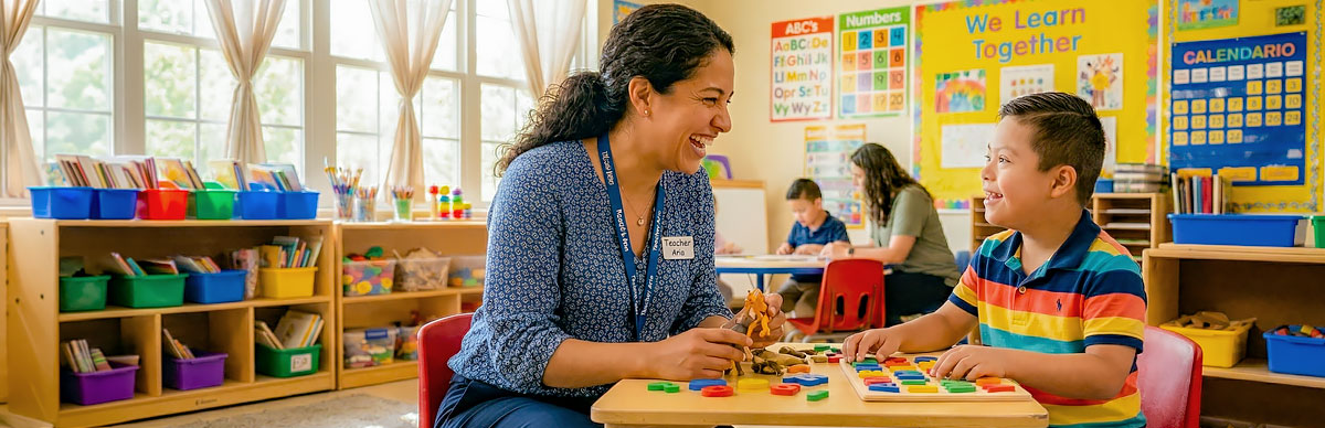Student looking in microscope while teacher watches